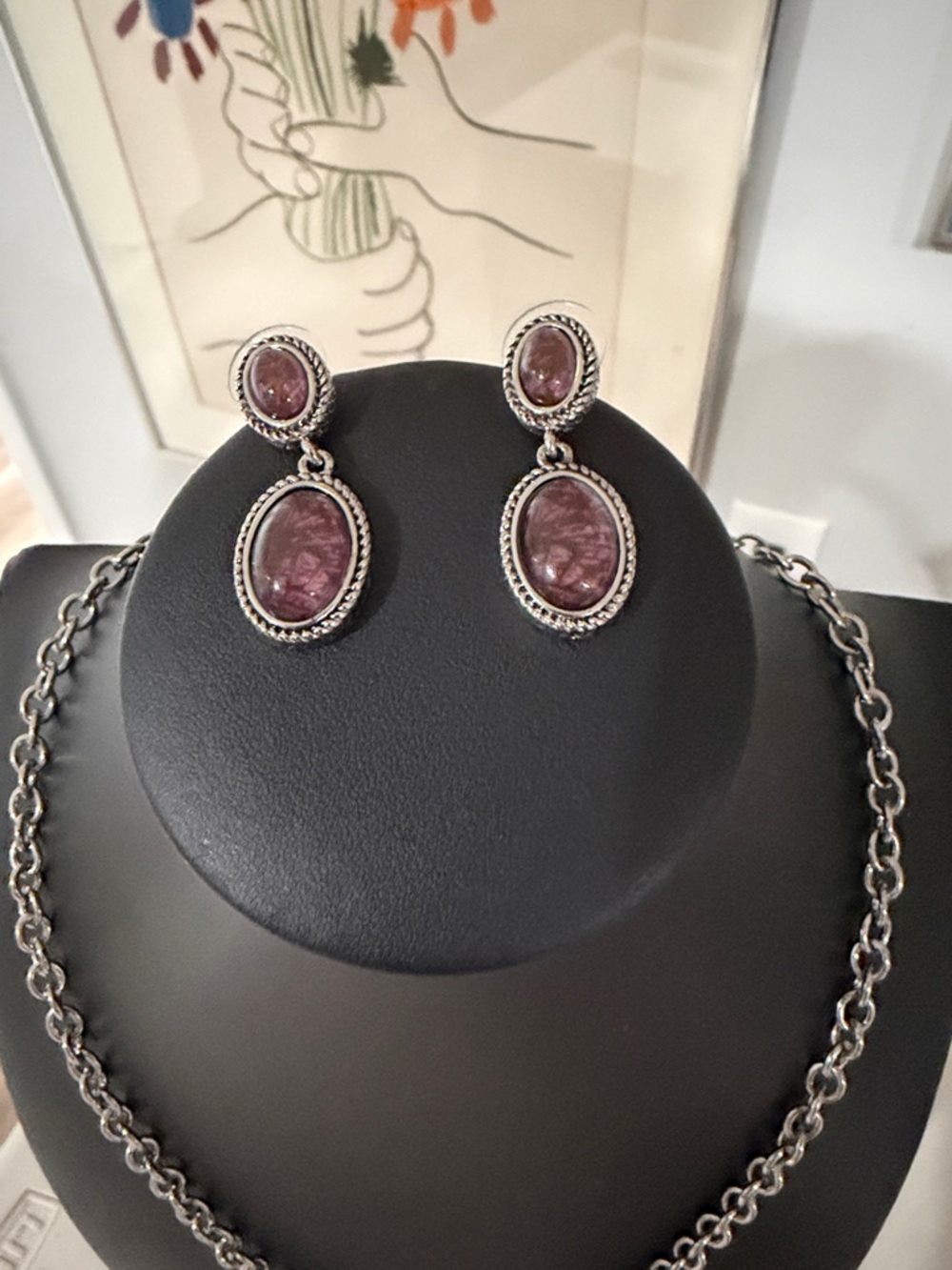 Napier Silver toned Pink Gemstone Necklace and Earrings Set - Picture 2 of 6